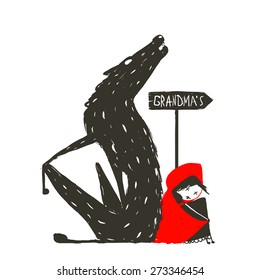 Little Red Riding Hood and Scary Wolf. Little Red Riding Hood and the wolf sitting back to back near a sign with the sign Grandma. Sketchy artistic drawing. Vector illustration.