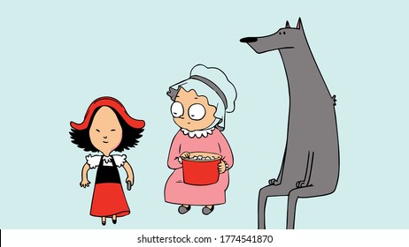 Little Red Riding Hood sits next to grandma and wolf and she jumps up, grandma holds bucket of popcorn, wolf looks at them,vector,cartoon.