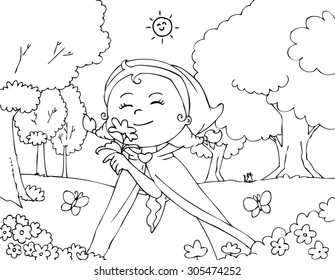 Little Red Riding Hood smelling flowers. Coloring vector illustration. 