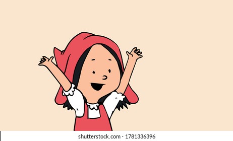 La pequeña Caperucita Roja se para con las manos levantadas y una sonrisa en su rostro, vector, caricatura.