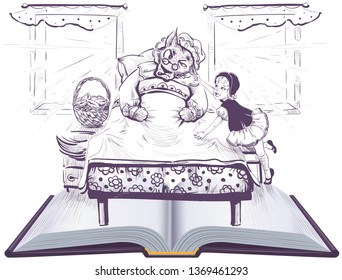 Little Red Riding Hood story tale. Cartoon girl pulls wolf by ears. Open book vector drawing illustration