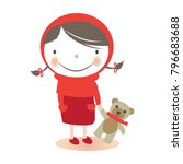 Little red riding hood and teddy bear cartoon character. Vector illustration.