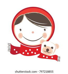 Little red riding hood with teddy bear cartoon character. Vector illustration.
