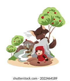 Little red riding hood vector illustration. Flat style cartoon character. the wolf is hiding behind a rock while peeking