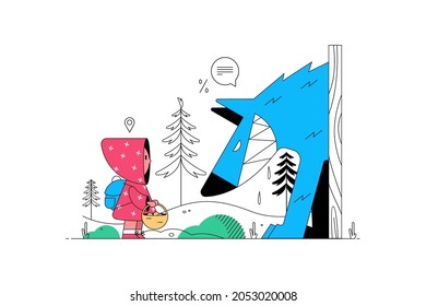 Little red riding hood vector illustration. Girl holding basket with treats flat style. Big blue wolf in dark forest. Famous fairytail concept. Isolated on white background