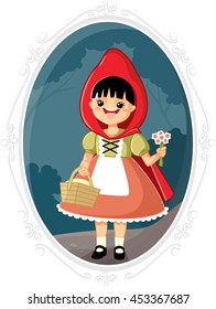 Little Red Riding Hood Vector Cartoon - Happy girl in magic forest fairytale illustration

