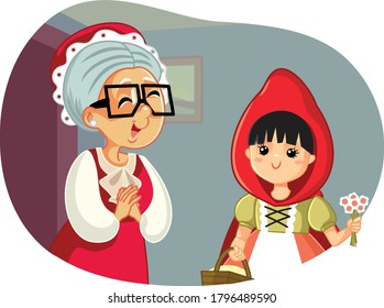 Pequeña Caperucita Roja Visitando Su Ilustración De Vector Abuela. Chica feliz cuidando a su abuelita visitando
