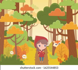 little red riding hood walking in the forest and wolf watching fairy tale cartoon vector illustration