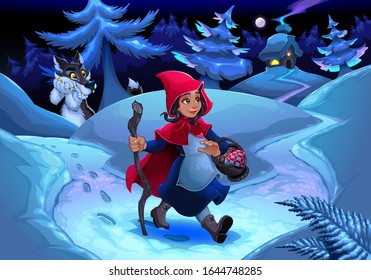 Little Red Riding Hood walking in the wood. Vector fantasy illustration
