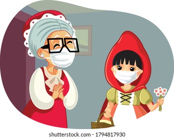 Pequeña Caperucita Roja Con Una Máscara Visitando La Ilustración Del Vector Abuela. Nieta ayudando a abuela vulnerable de edad avanzada durante la pandemia
