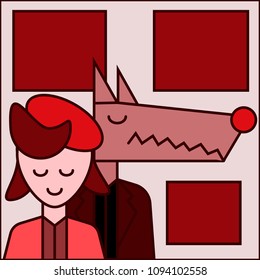Little Red Riding Hood and Wolf. Minimalistic vector in bard shades