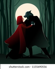 Little Red Riding Hood and the Wolf dancing in the forest in the light of the full Moon