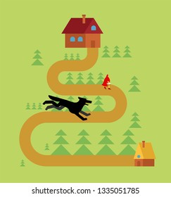 Little Red Riding Hood and wolf in forest