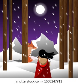Little Red Riding Hood and wolf of snow forest fairy tale illustration