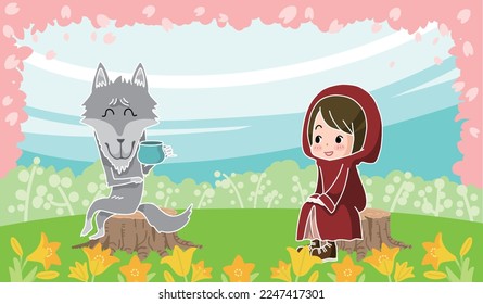 Little Red Riding Hood and Wolf chatting in the spring meadow with cherry blossoms in full bloom