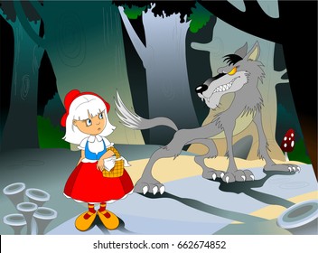 Pequeña capucha roja y lobo en el bosque
