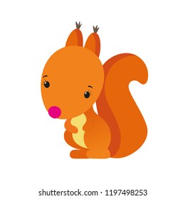 Little red squirrel cute cartoon character. Fluffy animal pet with beautiful tail, for kids book, baby shower card, clothes print design for children. Kawaii style vector illustration. Orange color.