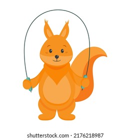 A little red squirrel jumps on a rope. Athletics for children. Warm-up, morning exercises, sports motivation. Healthy lifestyle, physical culture, sport. Cute character for children's sports section.