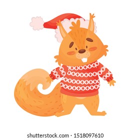 Little Red Squirrel Stands In A Christmas Hat, cartoon Vector Illustration Isolated On White Background.
