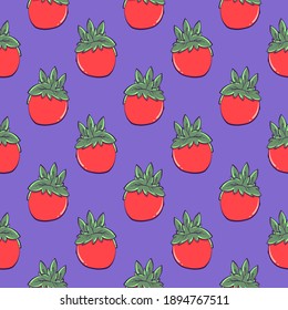 Little red tomato , seamless pattern on a purple background.