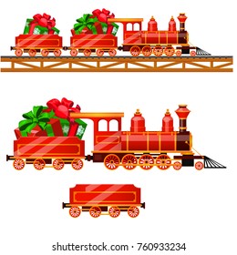 Little red train with wagons by rail carries boxes with Christmas gifts isolated on a white background. Vector cartoon close-up illustration.