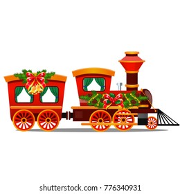 Little red train with wagons decorated red ribbon and Christmas decoration isolated on white background. Sample of poster, party holiday invitation, festive card. Vector cartoon close-up illustration.