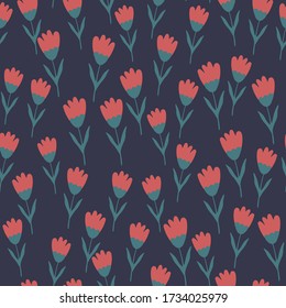 Kleine rote Tulpe nahtloses Muster im Doodle-Stil. Hintergrund der Blüte. Frühlingsblume Tapete. Design für Stoff, Textildruck, Packpapier, Abdeckung. Vektor-Abbildung