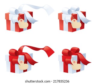 Little red and white gifts with separately grouped tags for your message.