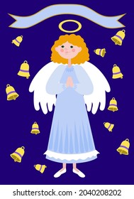 little red-haired angel with wings and a halo on a dark blue background with bells and vignette for Christmas 