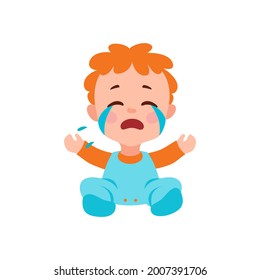 Un niño de cabello rojo está llorando. El niño está llorando, sus lágrimas están fluyendo. Icono para un juego, una aplicación, un sitio web sobre padres, paternidad, tratamiento de niños. Estilo de dibujo plano, iconos vectoriales.