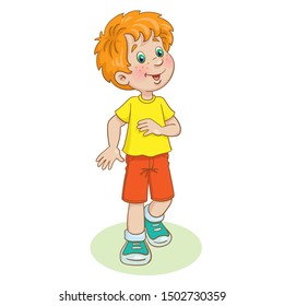 The little red-haired boy is walking. In cartoon style. Isolated on white background. Vector illustration.