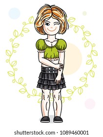 Little red-haired cute girl standing on spring eco background with leaves. Illustration of vector attractive kid wearing casual clothes.