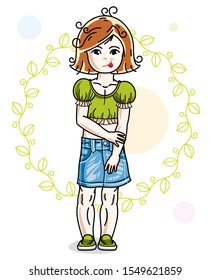 Little red-haired cute girl standing on spring eco background with leaves. Illustration of vector attractive kid wearing casual clothes.
