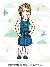 Little red-haired cute girl toddler in casual clothes standing on nature backdrop with birds and clouds. Vector illustration of pretty child. 