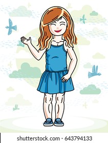 Little red-haired cute girl toddler in casual clothes standing on nature backdrop with birds and clouds. Vector illustration of pretty child. 