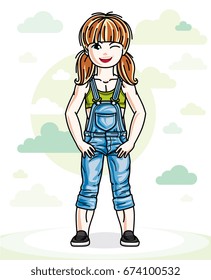 Little red-haired cute girl toddler in casual clothes standing on nature backdrop with blue sky and clouds. Vector illustration of pretty child. 