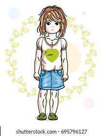 Little red-haired cute girl toddler in casual clothes standing on green spring backdrop. Vector illustration of pretty child. 