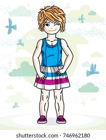 Little red-haired cute girl toddler in casual clothes standing on nature backdrop with birds and clouds. Vector illustration of pretty child. 
