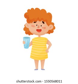 Little Red-Haired Girl Character Drinking Water From Glass Vector Illustration