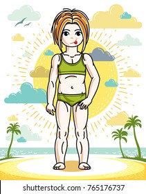 Little red-haired girl cute child standing on tropical beach with palms. Vector pretty nice human illustration. Summertime and vacation theme.
