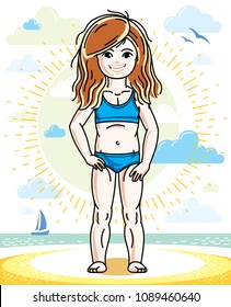Little red-haired girl cute kid standing on beach in bikini. Vector attractive kid illustration.