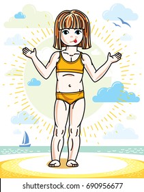 Little red-haired girl cute kid standing on beach in bikini. Vector attractive kid illustration.