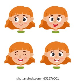 Little red-haired girl happy face expression, set of cartoon vector illustrations isolated on white background. Set of happy kid emotion face icons, facial expressions.