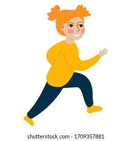  Little red-haired girl runs. Vector Concept illustration in flat cartoon style. 