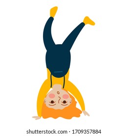 Little redhaired girl stands upside down. Vector Concept illustration in flat cartoon style. 