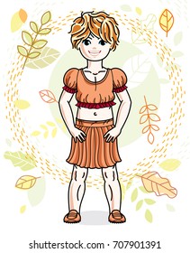Little red-haired girl toddler standing on background of autumn landscape and wearing fashionable casual clothes. Vector attractive kid illustration. Fashion and lifestyle theme cartoon.