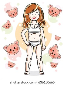 Little red-haired girl toddler in underwear standing on background with cats. Vector attractive kid illustration. Sleep time theme.