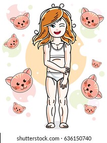 Little red-haired girl toddler in underwear standing on background with cats. Vector attractive kid illustration. Sleep time theme.