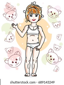Little red-haired girl toddler in underwear standing on background with cats. Vector attractive kid illustration. Sleep time theme.