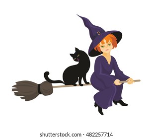 the little red-haired witch and black cat fly on the broom